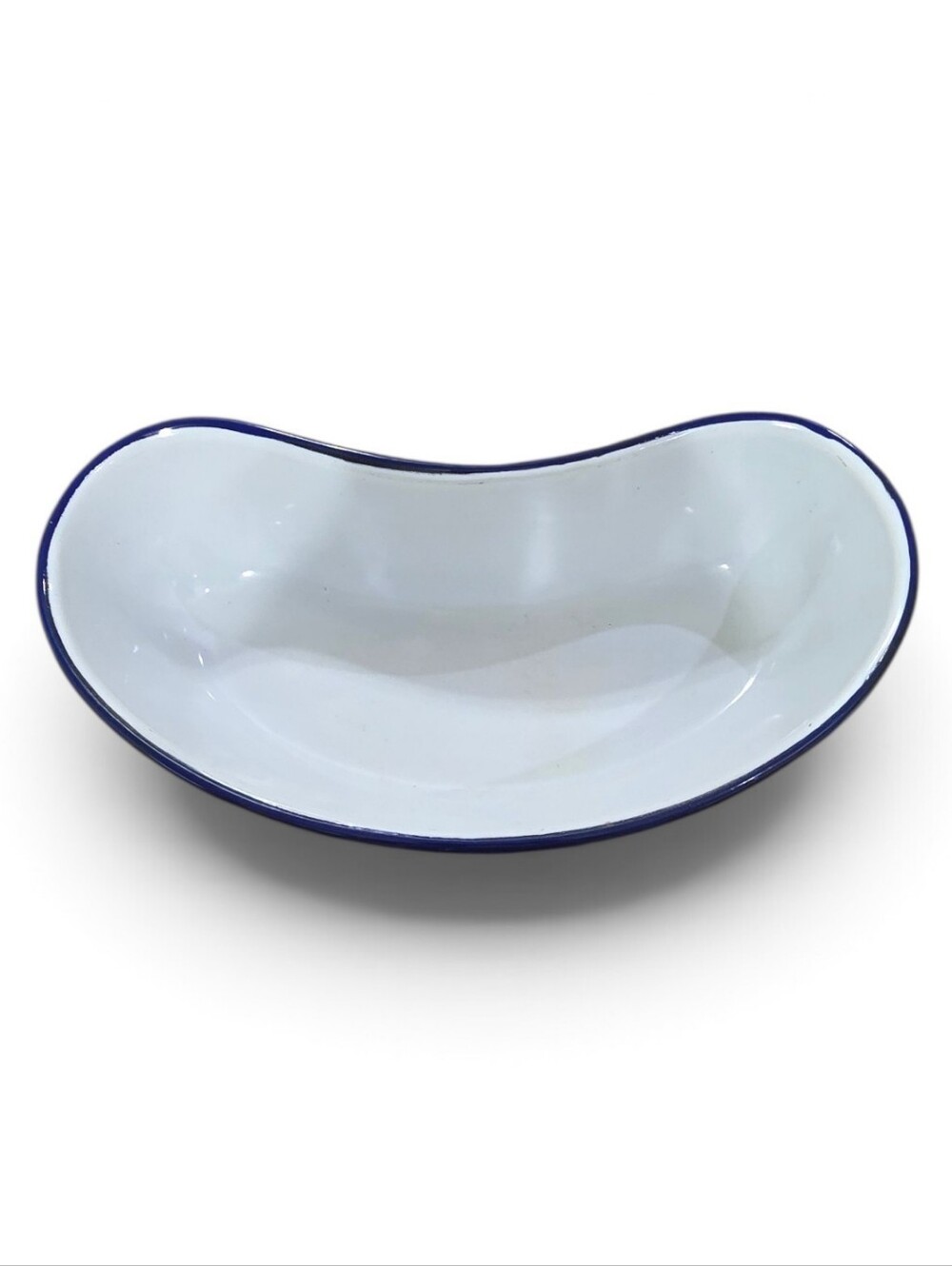 Vintage White Enamel Kidney Bowl with Blue Rim